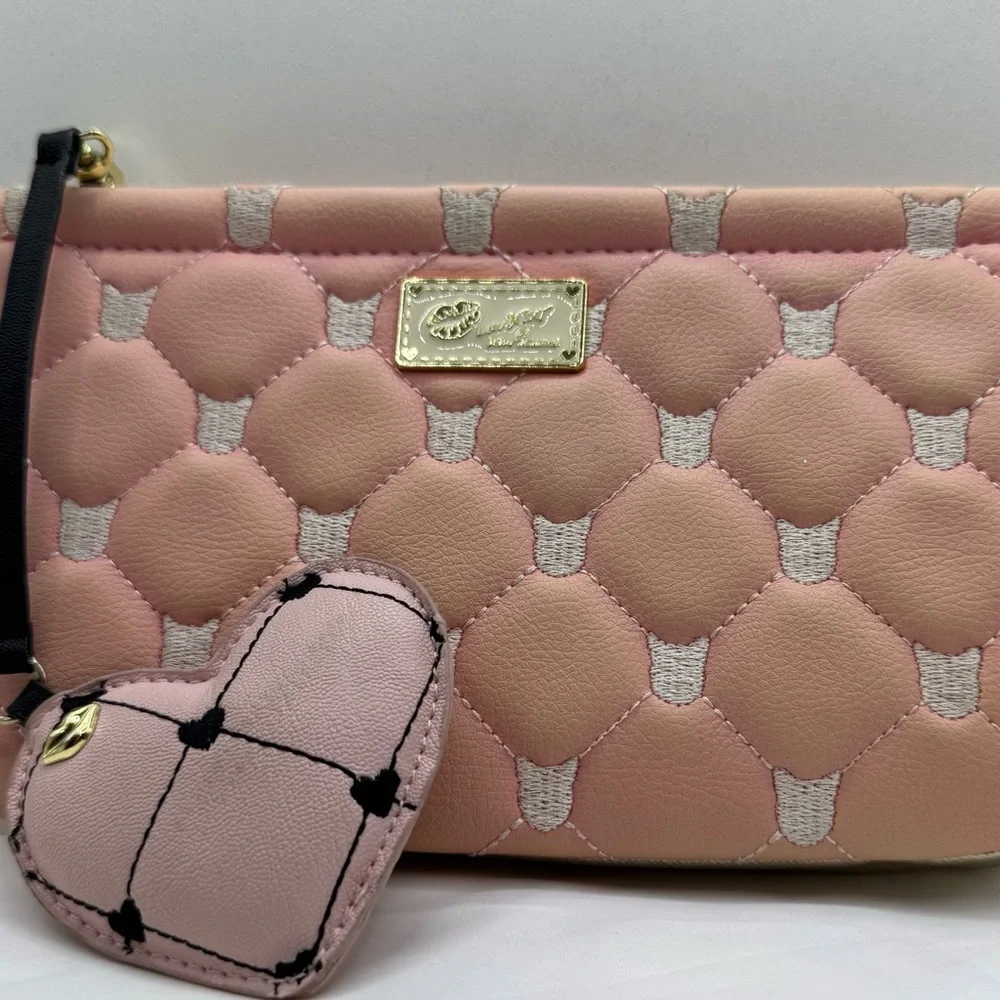 Betsey Johnson Love Betsey Pink Cat Quilted Clutch with Heart‎ Charm